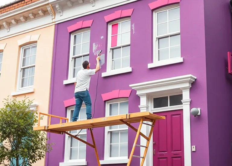 Peintre sur échafaudage traitant la façade d'une maison